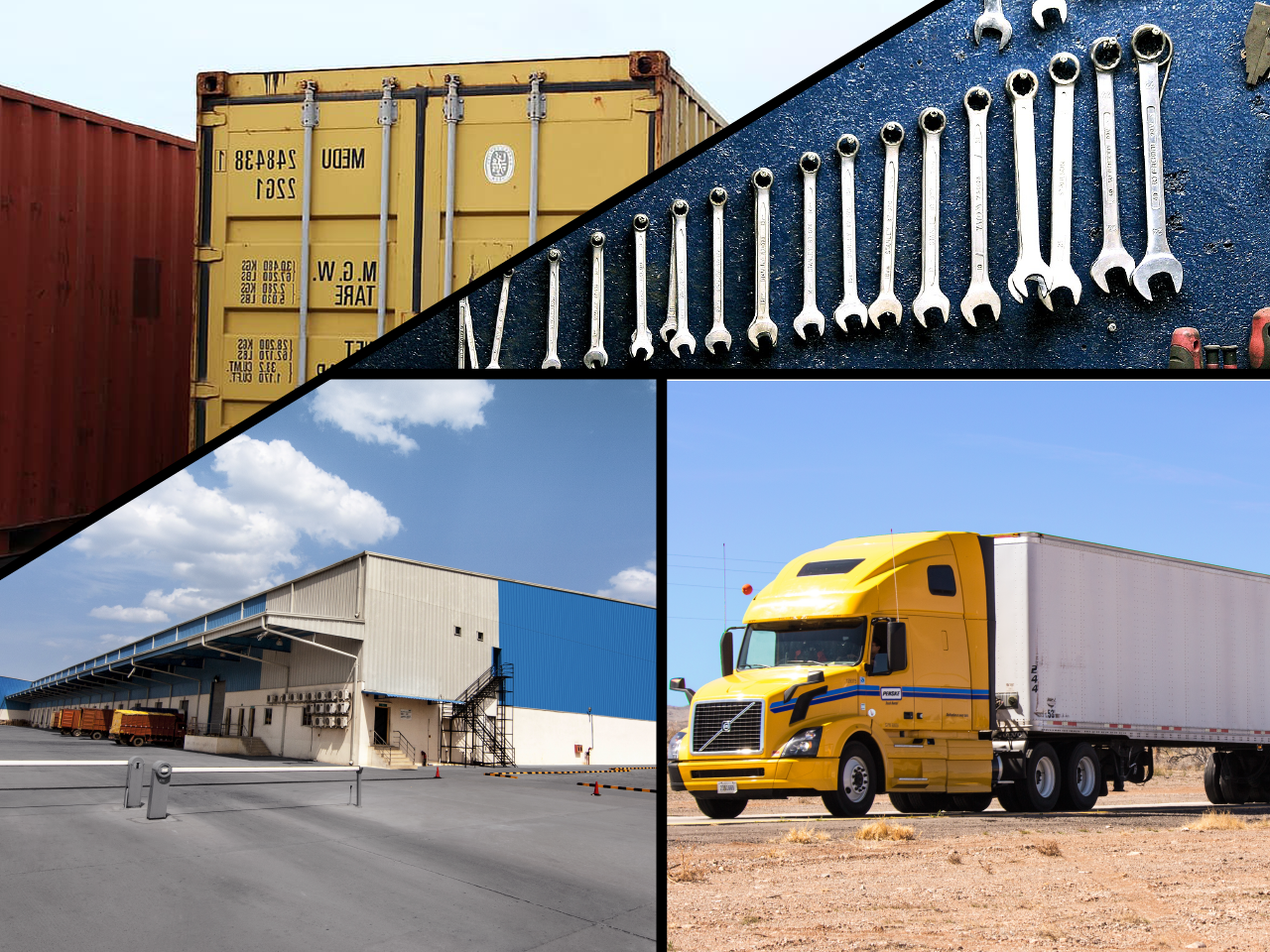 A collage of four images. The top left corner is a picture of two shipping containers. The left container is red, and the right one is yellow. The second image - in the top right is a picture of spanners hanging on a toolboard is a shed. The board is blue, and spanners are ordered (from left to right) in smallest to largest. The bottom right image is a yellow truck with a white trailer on a road that has dirt in the foreground. The fourth image is in the bottom left corner and is an image of a distribution center - there is a tall warehouse building with trucks parked in the loading bays.