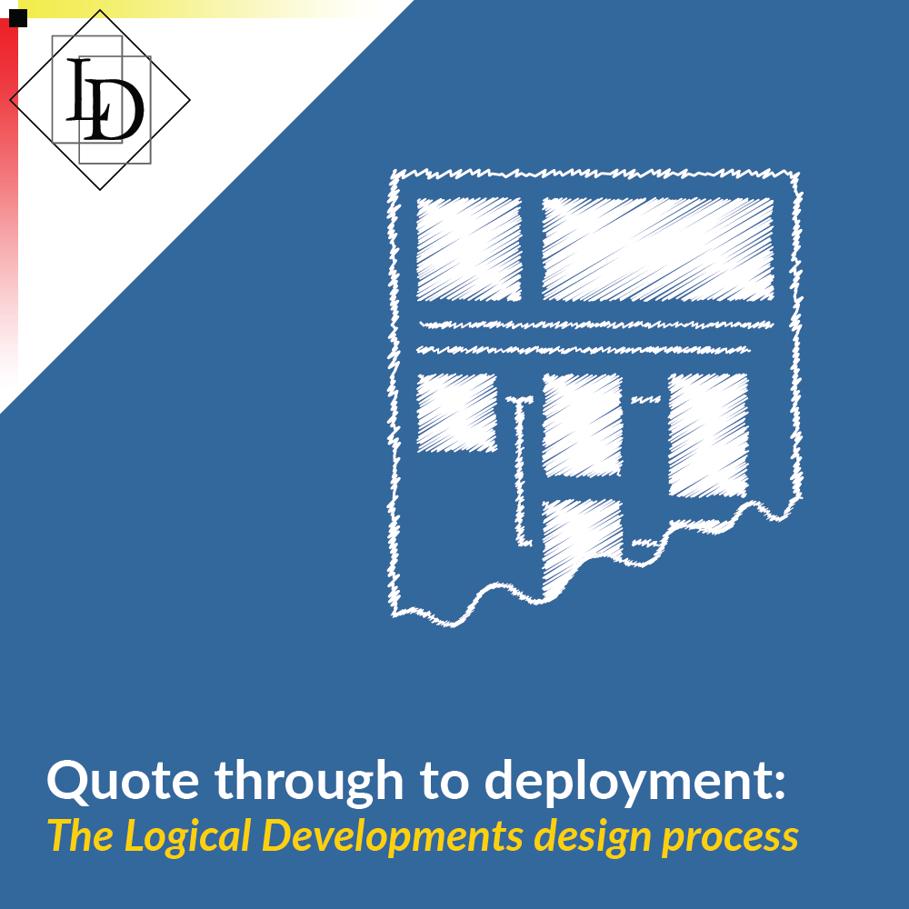 The Logical Developments logo which is a diamond with the letters L and D inside of it. The letters are offset from each other vertically while also overlapping horizontally. The each sit inside of their own rectangle. The logo is in the "Classic" variation with a yellow to white gradient bar above it and red to white gradient bar to it's left. It all sits inside a white right angled triangle in the top left of the thumbnail.
The thumbnail has the title: "Quote through to deployment: The Logical Developments design process" written along the bottom. "Quote through to development" is in white, while "The Logical Developments design process" is italicised and in yellow. This is all on a blue background.
In the middle of the image is a 'sketch' of a design document - it has a placeholder for an image and header, with non descript lines of text. It also has a place holder ER diagram, the bottom of the document of the document is missing to suggest that it is still in process of being written.