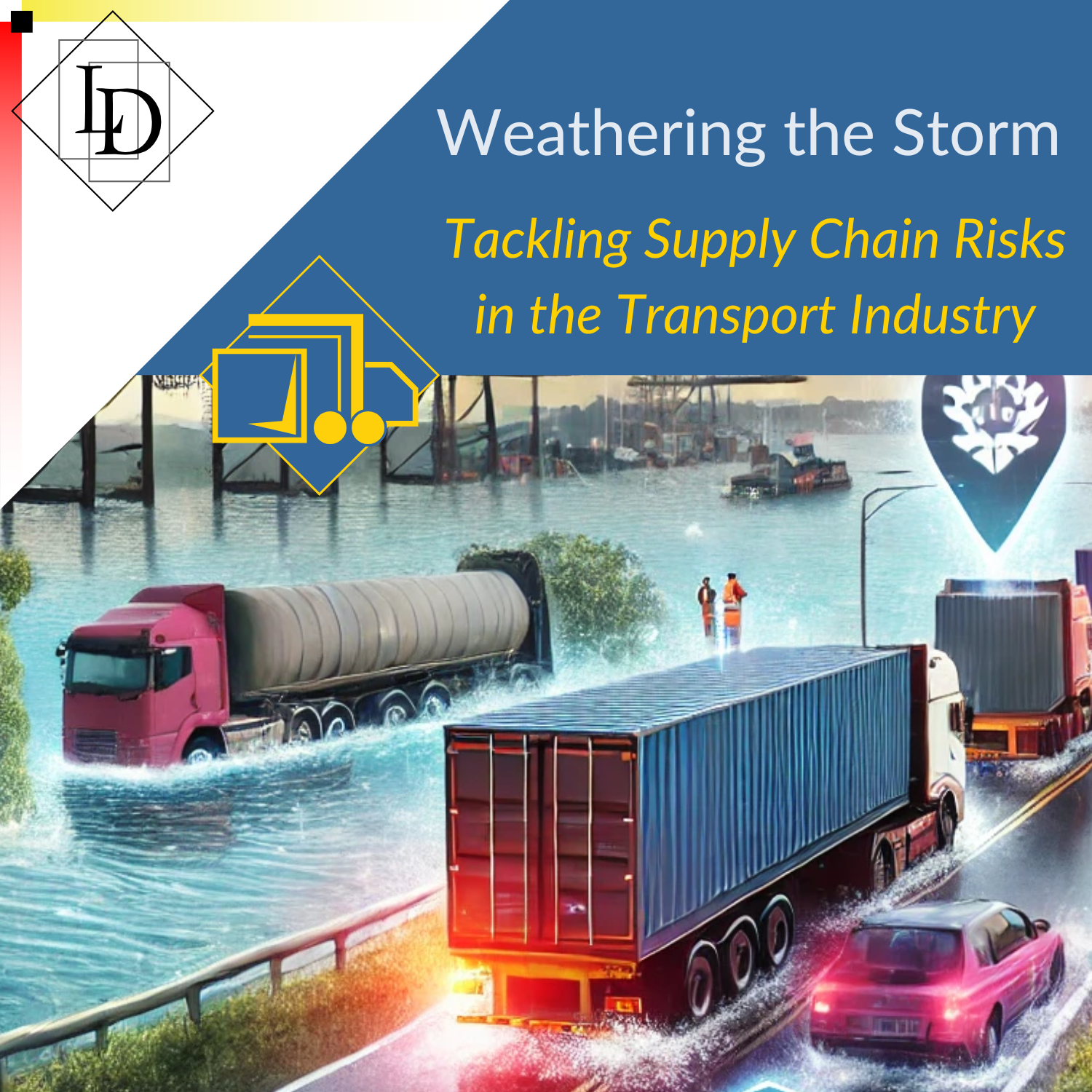 It features a flooded Australian highway, with freight trucks being redirected, symbolizing disruptions caused by severe weather. Overlaid icons represent digital tools such as tracking systems and cybersecurity measures, highlighting technological advancements. In the background, a warehouse team actively manages logistics, emphasizing labor efforts and operational management.
