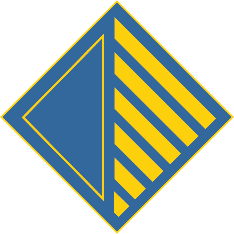 A blue diamond with yellow border. A triangle with only a yellow outline takes up the left side of the diamond. In the right side are a series of yellow rectangeles that create another triangle.