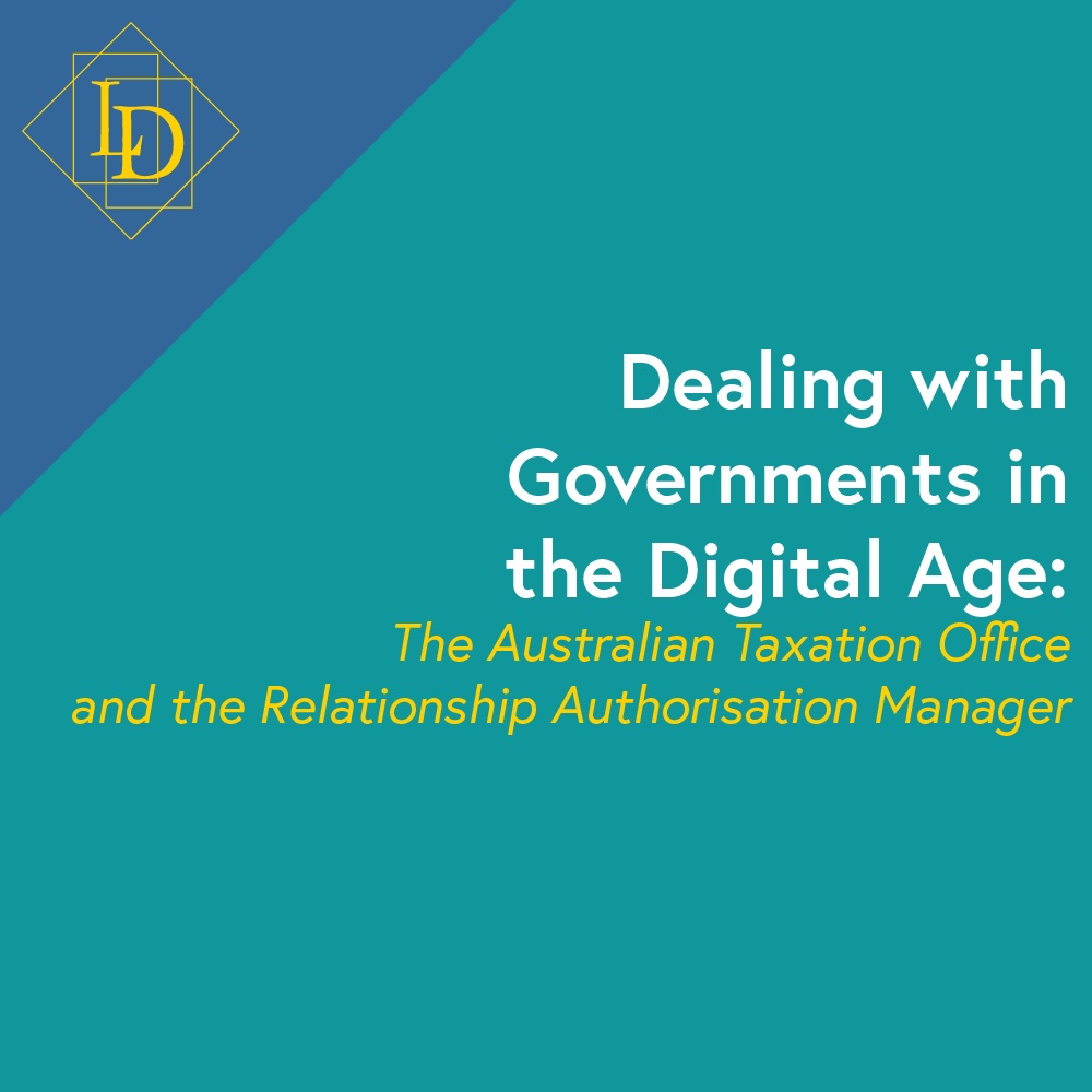 The thumbnail is an ocean-green colour, on it is the title of the article, "Dealing with Government Bodies in the modern digital age - The ATO and the Relationship Authorisation Manager (RAM)". In the top left in Gold on a background of blue is the Logical Developments logo which is which is a diamond with the letters L and D inside of it. The letters are offset from each other vertically while also overlapping horizontally. The each sit inside of their own rectangle.